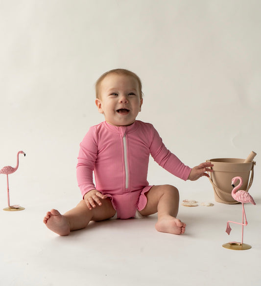 Sahara Ribbed One Piece Zip Up in Pink