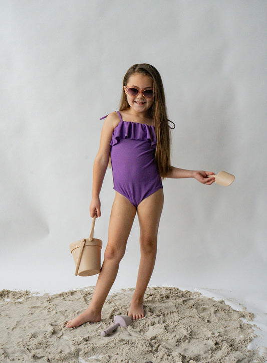 Katana Ribbed Fringe One Piece With Tied Shoulder In Grape