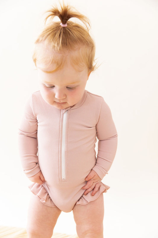 Sahara Ribbed One Piece Zip Up in Blush